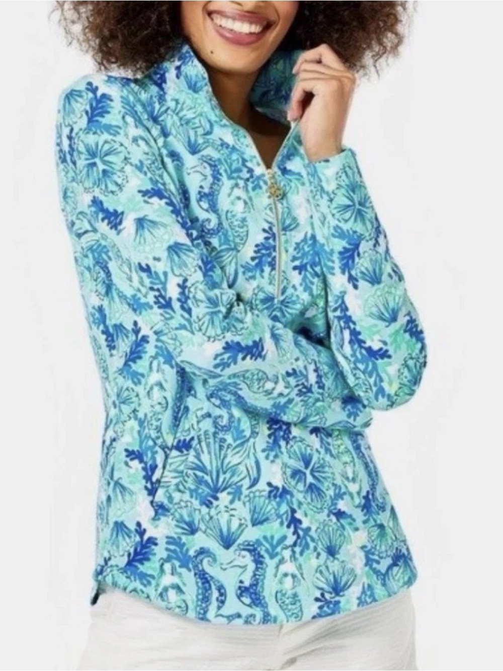 Lilly Pulitzer Aqua & Navy Seahorse Print Quarter-Zip Utility Jacket